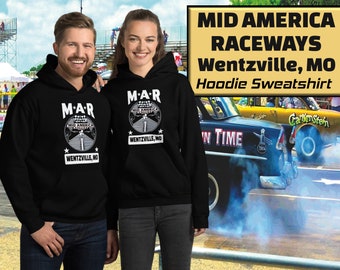 Mid America Raceway, Wentzville MO, Vintage Missouri Drag Strip / Road Racing Hoodie Sweatshirt, Black & White Graphic
