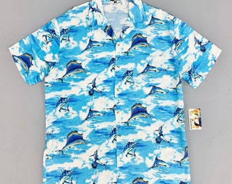 Sailfish Aloha Hawaiian Style Shirt by Bahama Cruise for Swordfish Fishing , Mens Size XL - XXL, Comfortable Sky Blue 100% Viscose Rayon