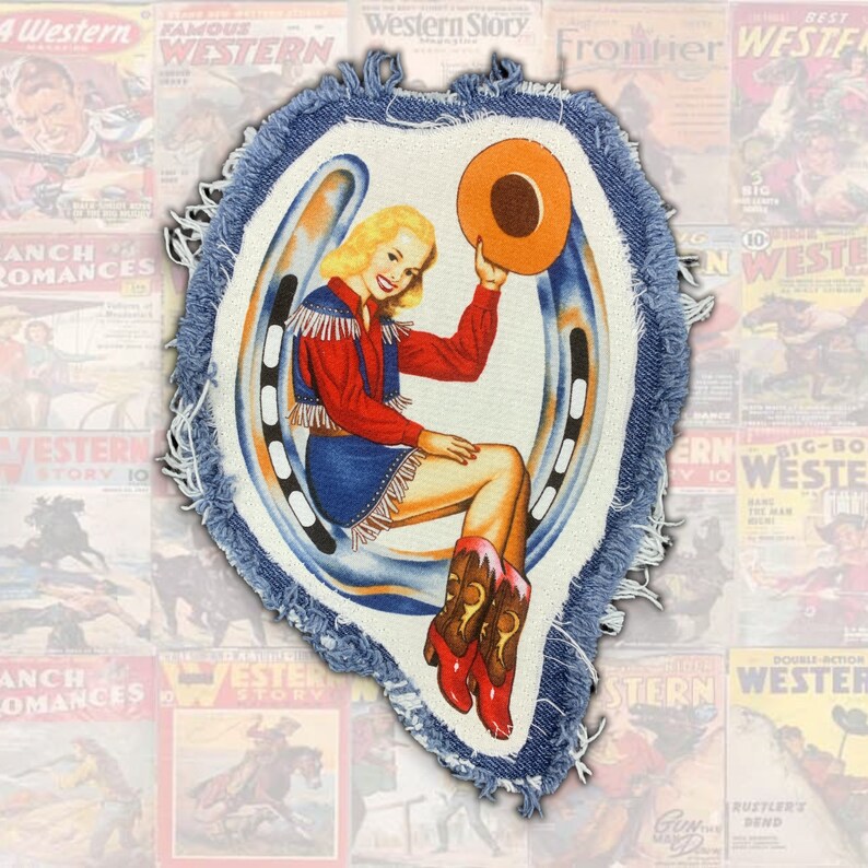 Vintage Cowgirl Pinup Patch Custom Sewn on Fringed Denim Etsy