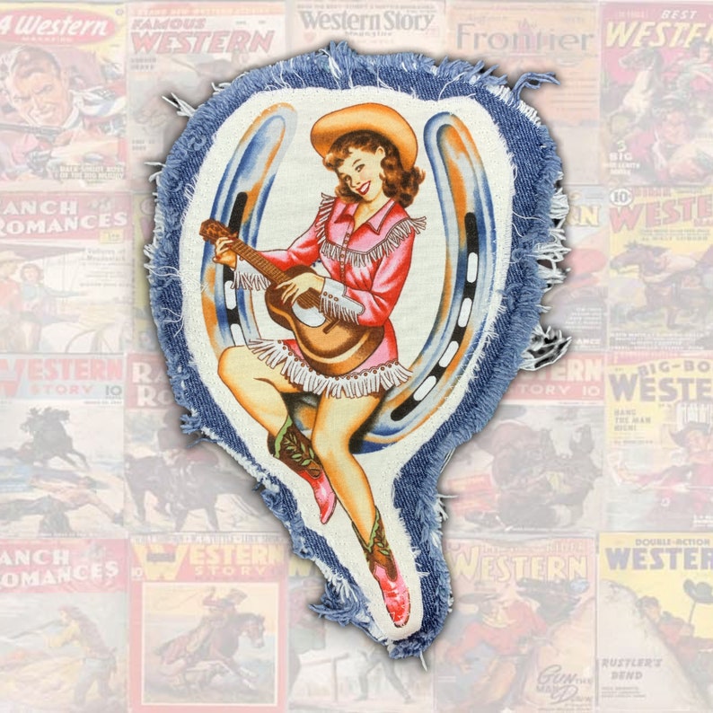 Vintage Cowgirl Pinup Patch Custom Sewn on Fringed Denim Etsy