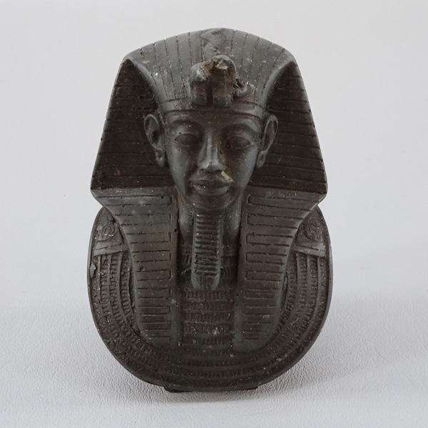 Egyptian Pharoah King Tut Bust Figurine, Solid Chalkware Plaster Cast with Artist Signature