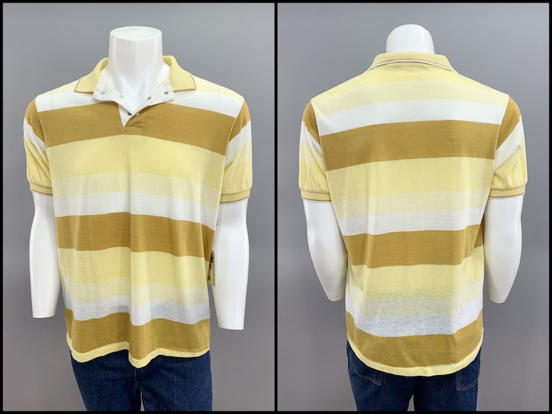 Mens Mail order cheap Yellow Max 40% OFF Rugby Stripe Polo Shirt 1980s 1970s Vintage Casua -