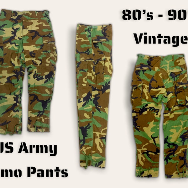 Mens Army Surplus Woodland Camo Cargo Pants, Various Sizes Available, 80s - 90s Vintage Military Style Camouflage Camping Hiking Trail Wear