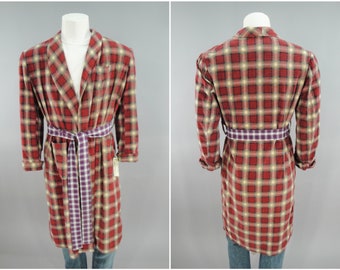 Playboy Club Mens Bath Robe, Original 1950s Vintage Red Plaid Check Cotton Flannel Bathobe Pajamas Size XL 46"
