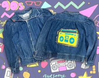 1980s - 90s Vintage Womens Upcycled Denim Jean Jacket by Clique with Boom Box Back Patch, Hip Hop Break Dance B-Girl Style