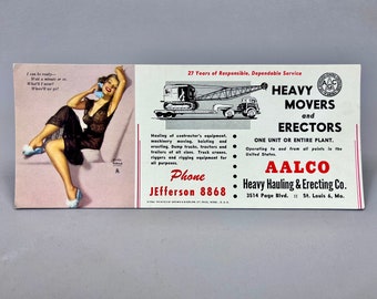 Earl Moran Pinup Advertising Blotter for AALCO Heavy Hauling & Erecting Co. St Louis, MO, Original 1940's Vintage 4x9 Pin Up Advertisement