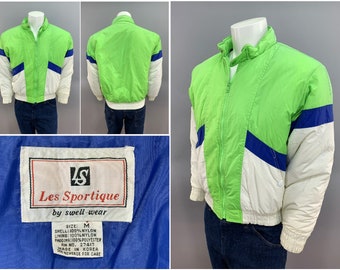 1980s Neon Ski Party Nylon Ski Jacket, Les Sportique by Swell Wear Original 80s Vintage Block Print Stripe Puffer Style Mens Size Medium 40"