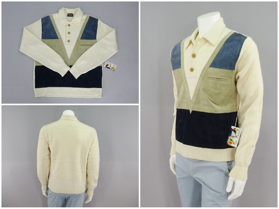 Mens Mod Preppy Style Suede Patch Cardigan Pullove