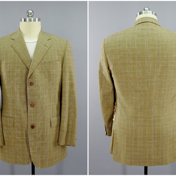 Brooks Brothers Mens Suit Coat, Single Breasted 3-Button Brown Tan Khaki Glen Check Blazer Sportcoat, Size XL Tall 46, 1980s - 1990s Vintage