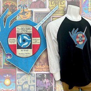 Vinyl Record Collector 3/4 Sleeve Baseball Tee Shirt from The Record Selector, Classic 45RPM Logo Unisex Raglan 70s Style T-Shirt