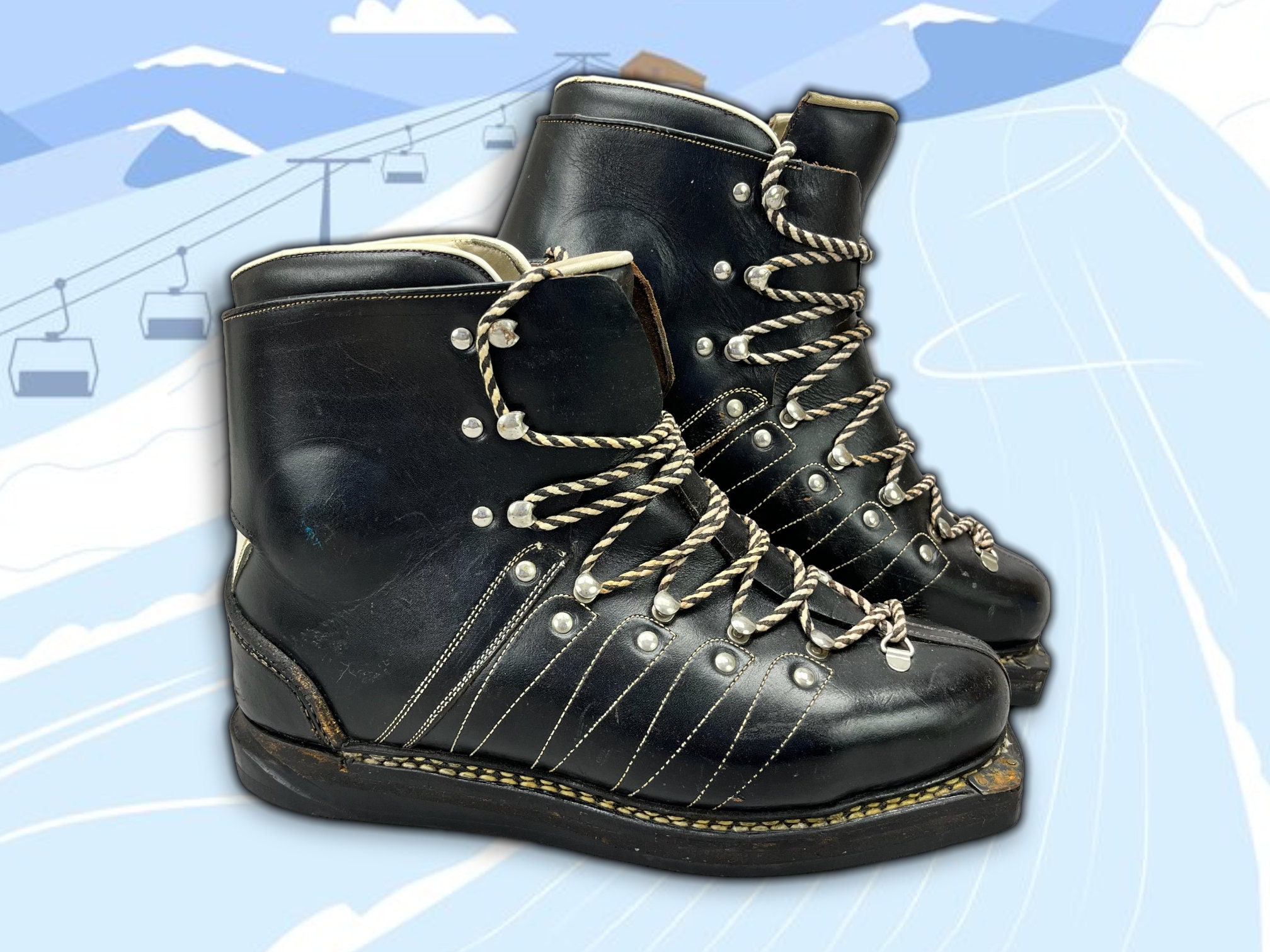 1950s Vintage Black Leather Humanic Ski Boots With Wedelsole Etsy