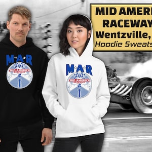 Mid America Raceways, Wentzville MO, Vintage Missouri Drag Strip Road Racing Hoodie Sweatshirt, Red, White & Blue Graphic