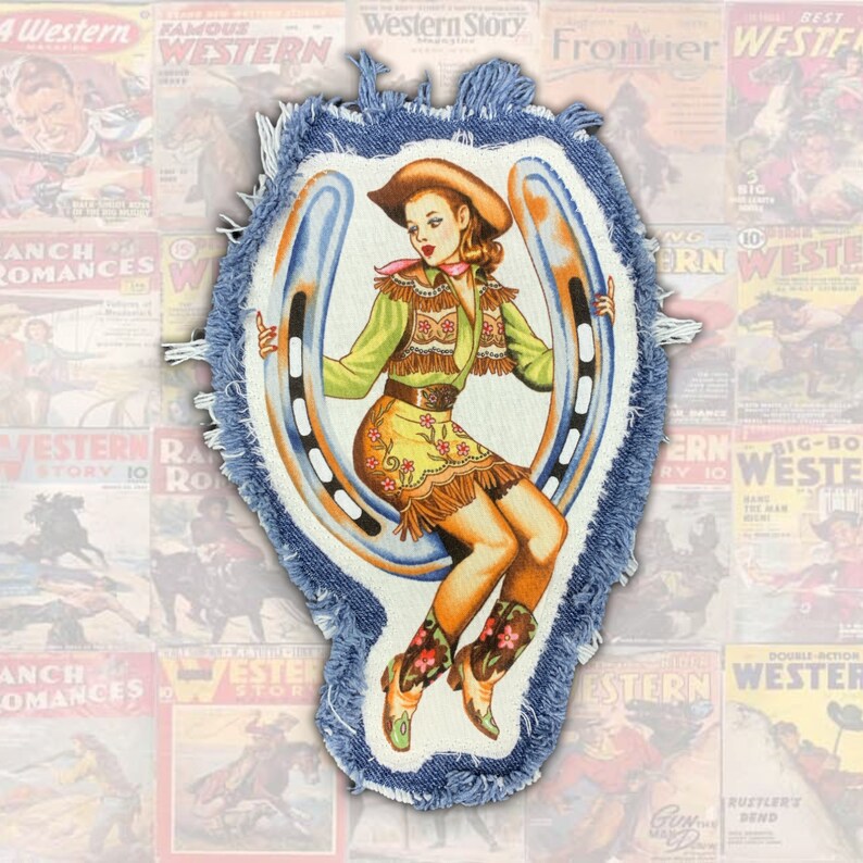 Vintage Cowgirl Pinup Patch Custom Sewn on Fringed Denim Etsy
