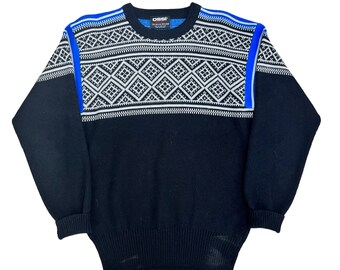 OSSI SkiWear Ski Sweater, Crew Neck, Nordic Design, 1960s - 1970s Original Vintage, Blue & Black Wool Blend, Made in Hong Kong, Mens Size S