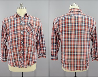 1970s - 1980s Vintage Sears Sportswear Red White & Blue Plaid Long Sleeve Casual Shirt, Light Poly Cotton Blend, Size XL 46"