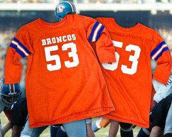 1970s Vintage Denver Broncos #53 NFL Football Jersey Linebacker Randy Gradishar Orange Crush Defense, 3/4 Sleeve Raglan T-Shirt, Size Small