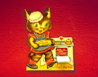 1930s Kitty Cat Pie Chef Baker Valentine, With A Little L-Oven, Made in USA