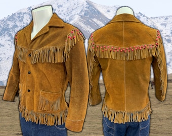 1960s Vintage Brown Suede Leather Buckskin Beaded Fringe Western Pioneer Jacket by Joo Kay, Easy Rider Hippie Hippy Style, Size Small 36