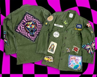 Vintage Hippie Jacket Army Surplus Shirt with Custom Sewn Psychedelic 60s Tiger Tarot Hippy Peace & Love Upcycled Music Festival Fashion