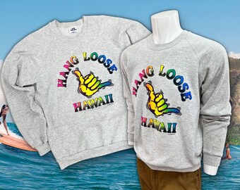 1980s Hang Loose Hawaii Long Sleeve Casual Shirt by Tee Jays, Cotton Blend Sweatshirt, Size 40"