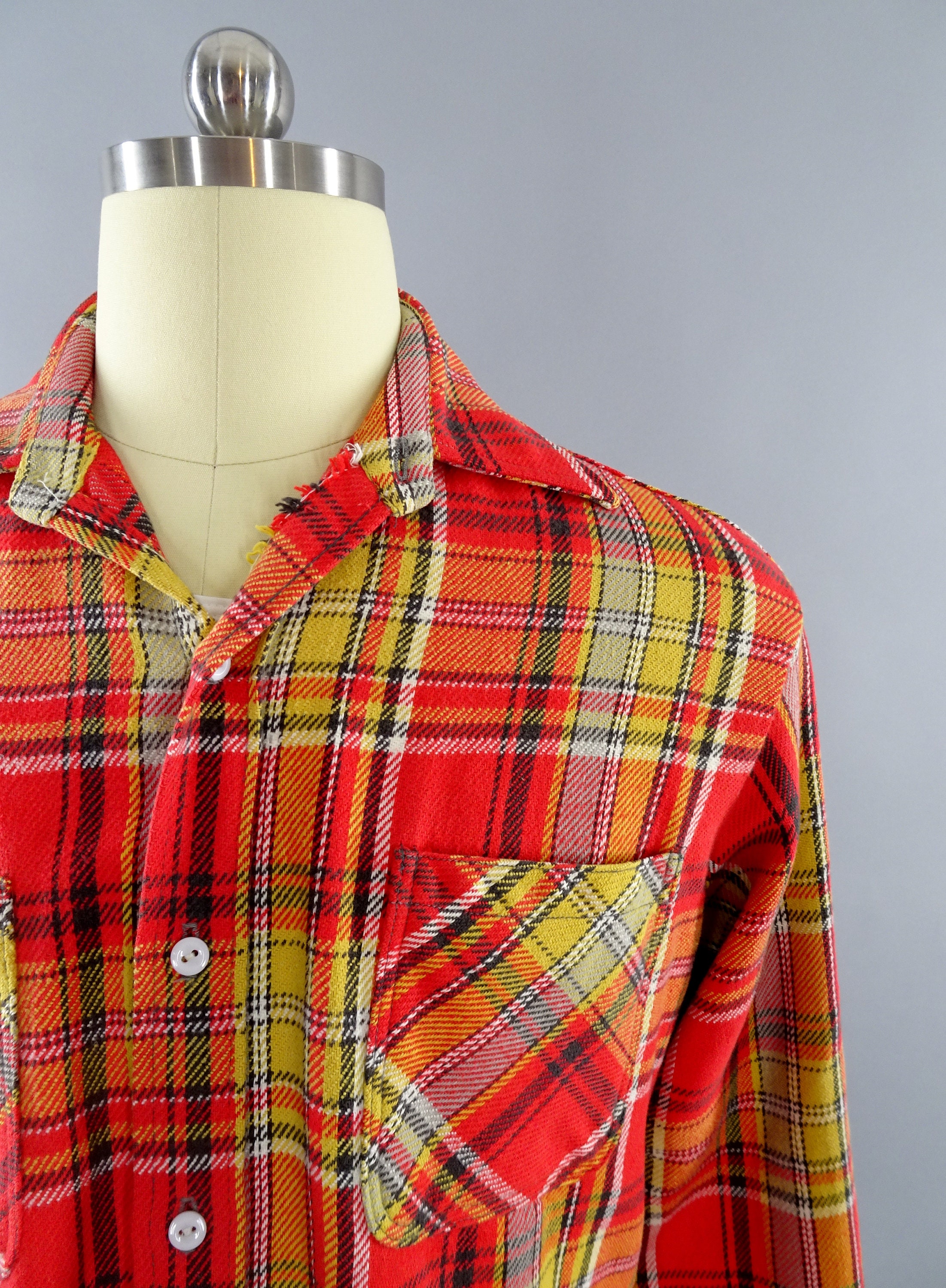 1970s Vintage Colorful Bright Orange Plaid Flannel Shirt Size | Etsy