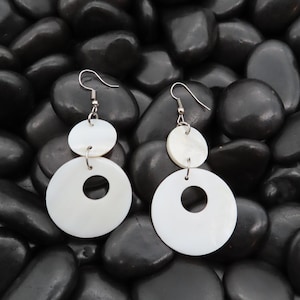 White Mother of Pearl Chunky Oval Ring Earrings, Sterling Silver Wires, Tropical Boho Island Beach Style