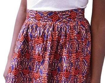 Jupe wax ankara africain femme à imprimé multicolore rouge et bleu