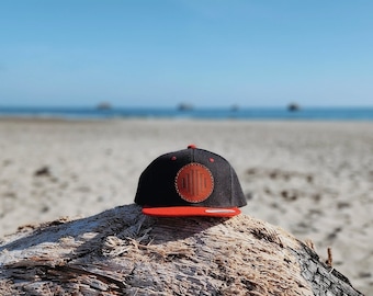 Hand Dyed Leather Snapback Hat: Karuk/Pomo Tribe Design