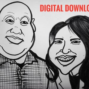 Digital Custom Black & White Caricatures, Single Couple Portraits, Printable, Pet Portraits, Cartoon Characters