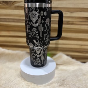 Texas Highland Cow Western Pattern lasered to the 40oz Insulated Tumbler with Handle, 360 Laser Engraved. Personalized! TikTok Viral design. image 1