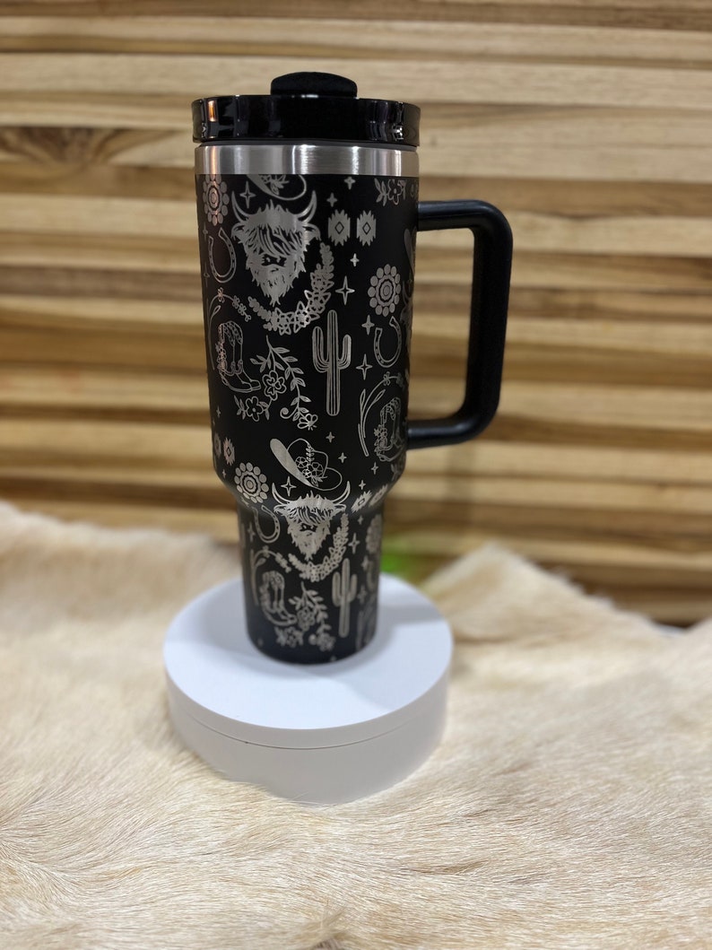 Texas Highland Cow Western Pattern lasered to the 40oz Insulated Tumbler with Handle, 360 Laser Engraved. Personalized! TikTok Viral design. image 1