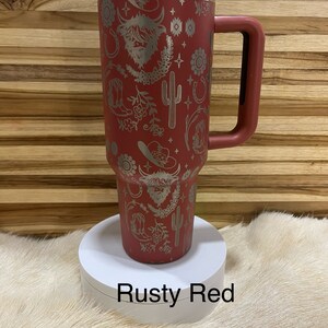 Texas Highland Cow Western Pattern lasered to the 40oz Insulated Tumbler with Handle, 360 Laser Engraved. Personalized! TikTok Viral design. image 3