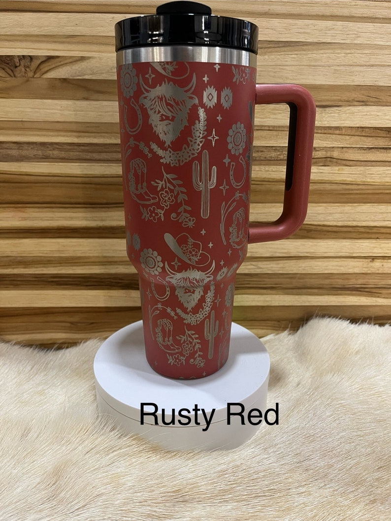 Texas Highland Cow Western Pattern lasered to the 40oz Insulated Tumbler with Handle, 360 Laser Engraved. Personalized! TikTok Viral design. image 3