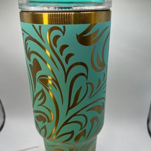 Tooled Leather Full Wrap Engraved Stanley or Dupe Tumbler. Leather, Western Inspired design. Beautiful country girl design Gift Boot Leather