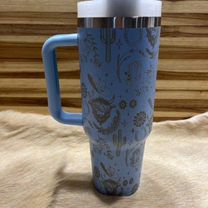 Texas Highland Cow Western Pattern lasered to the 40oz Insulated Tumbler with Handle, 360 Laser Engraved. Personalized! TikTok Viral design. image 5