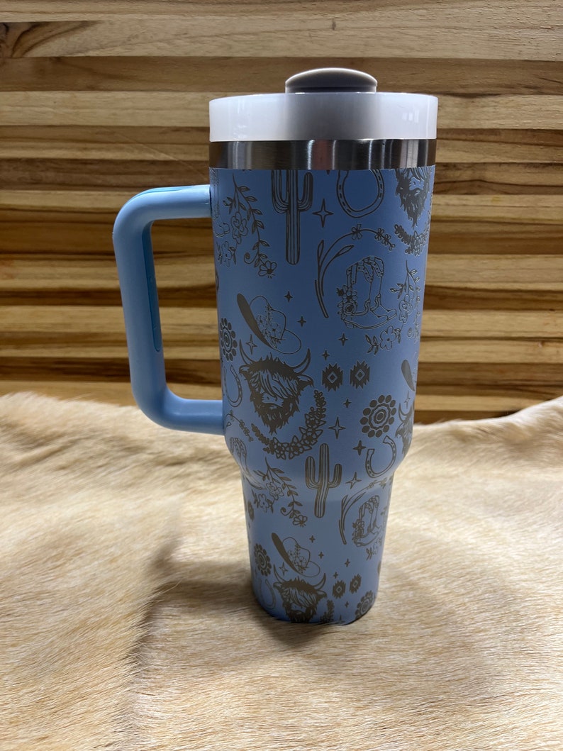 Texas Highland Cow Western Pattern lasered to the 40oz Insulated Tumbler with Handle, 360 Laser Engraved. Personalized! TikTok Viral design. image 5