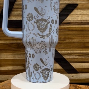 Texas Highland Cow Western Pattern lasered to the 40oz Insulated Tumbler with Handle, 360 Laser Engraved. Personalized! TikTok Viral design. image 2