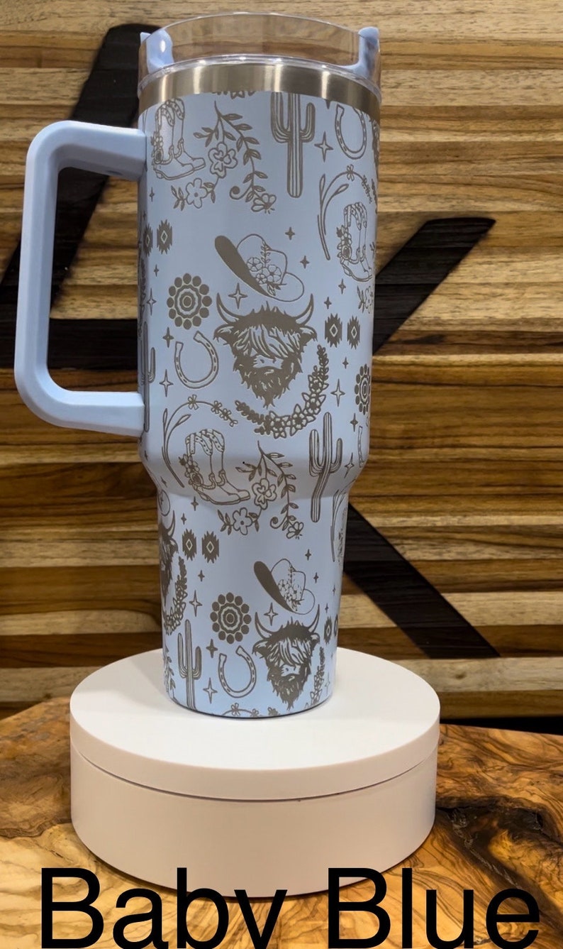 Texas Highland Cow Western Pattern lasered to the 40oz Insulated Tumbler with Handle, 360 Laser Engraved. Personalized! TikTok Viral design. image 2