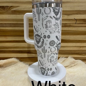 Texas Highland Cow Western Pattern lasered to the 40oz Insulated Tumbler with Handle, 360 Laser Engraved. Personalized! TikTok Viral design. image 4