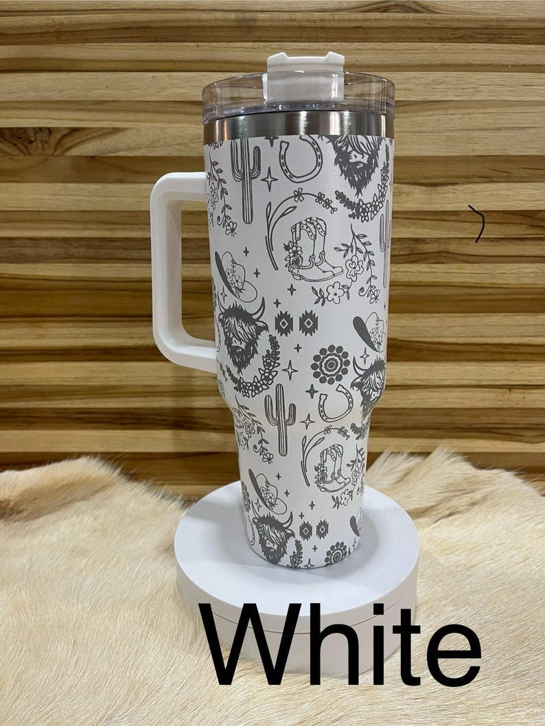 Texas Highland Cow Western Pattern lasered to the 40oz Insulated Tumbler with Handle, 360 Laser Engraved. Personalized! TikTok Viral design. image 4