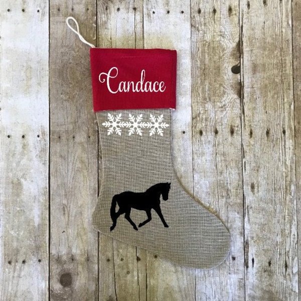 Horse Christmas Stocking, Quarter Horse Stocking, Burlap Horse, Personalized Trotting Horse Stocking, Burlap Christmas Farm Decor