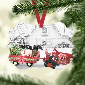 Vintage Farm Christmas Ornament, Rustic Ornament, Livestock Family Gift, Ag Teacher Gift, Cow, Pig, Goat, Barn, Tractor, Wagon, Tree