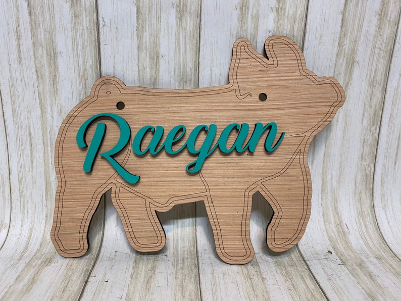 May include: A pig-shaped wooden sign featuring a light brown wood grain finish with dark etched outlines. The name Raegan is displayed in a raised, teal-colored script font across the center of the pig. Two small circular holes are positioned near the top.