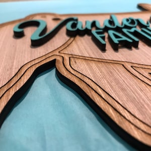 May include: A layered wooden sign featuring a natural wood grain finish with cut-out sections. The sign displays the text "Vander" in a teal script font above the word "FAMILY" in a teal block font, with dark edges on the wood layers.