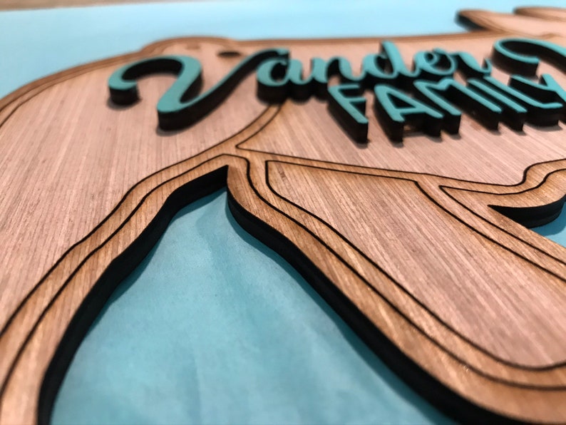 May include: A layered wooden sign featuring a natural wood grain finish with cut-out sections. The sign displays the text "Vander" in a teal script font above the word "FAMILY" in a teal block font, with dark edges on the wood layers.