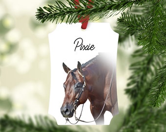 May include: A white metal ornament with a brown horse head and the name "Pixie" printed on it. The ornament is hanging from a red ribbon.