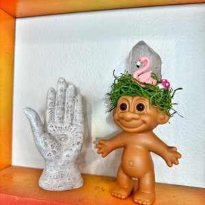 Large Chakra Crystal Crown Vintage Troll Doll | Aura Quartz Crown on Cute Tiny Troll | Cottage Core Floating Wall Witchy Shelf Decor