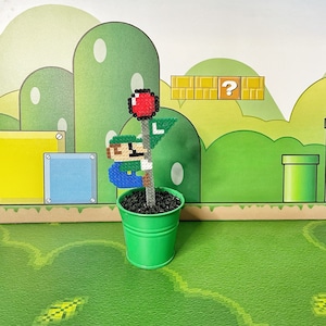 Luigi Climbing Flagpole | Video game decor | Desk Plant | Game Room Decor | Boys Birthday Gift | Pixel Plant | Super Mario Plumber Gift