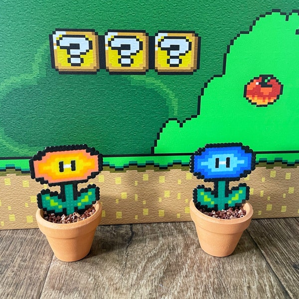 Fire and Ice Mario Flowers | Mario Plant | Video game decor |Potted Faux Desk Plant  | Gamer Decor | Mario Flower Plant | Super Mario Decor