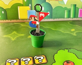 May include: A green potted plant with a pixelated Super Mario character holding a flag. The flag is red with a white 'M' on it. The plant is sitting on a green surface with question mark blocks.